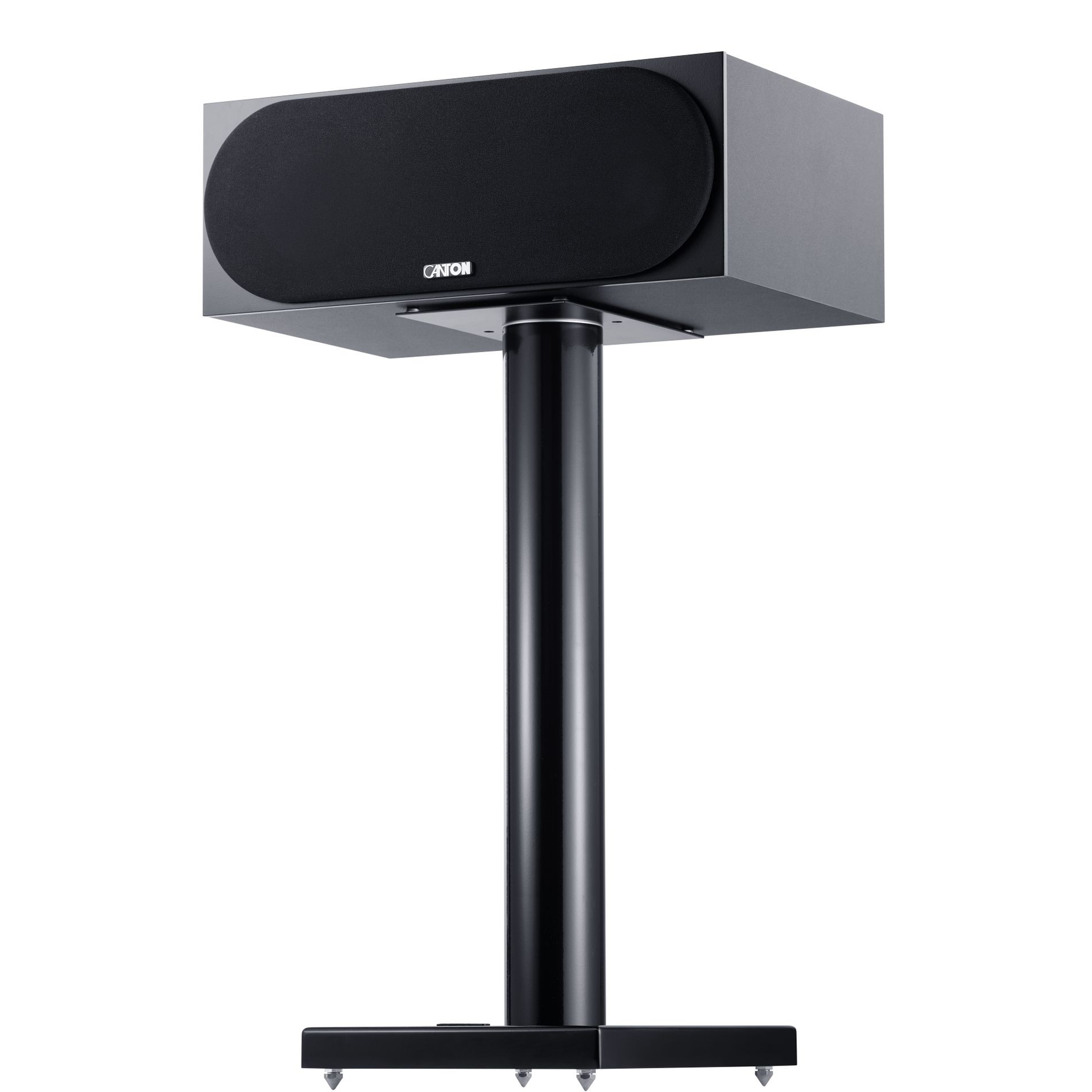 Canton GLE 50 Center S2 Center-Lautsprecher Schwarz Setansicht auf Standfuss als Zubehör, mit Frontabdeckung