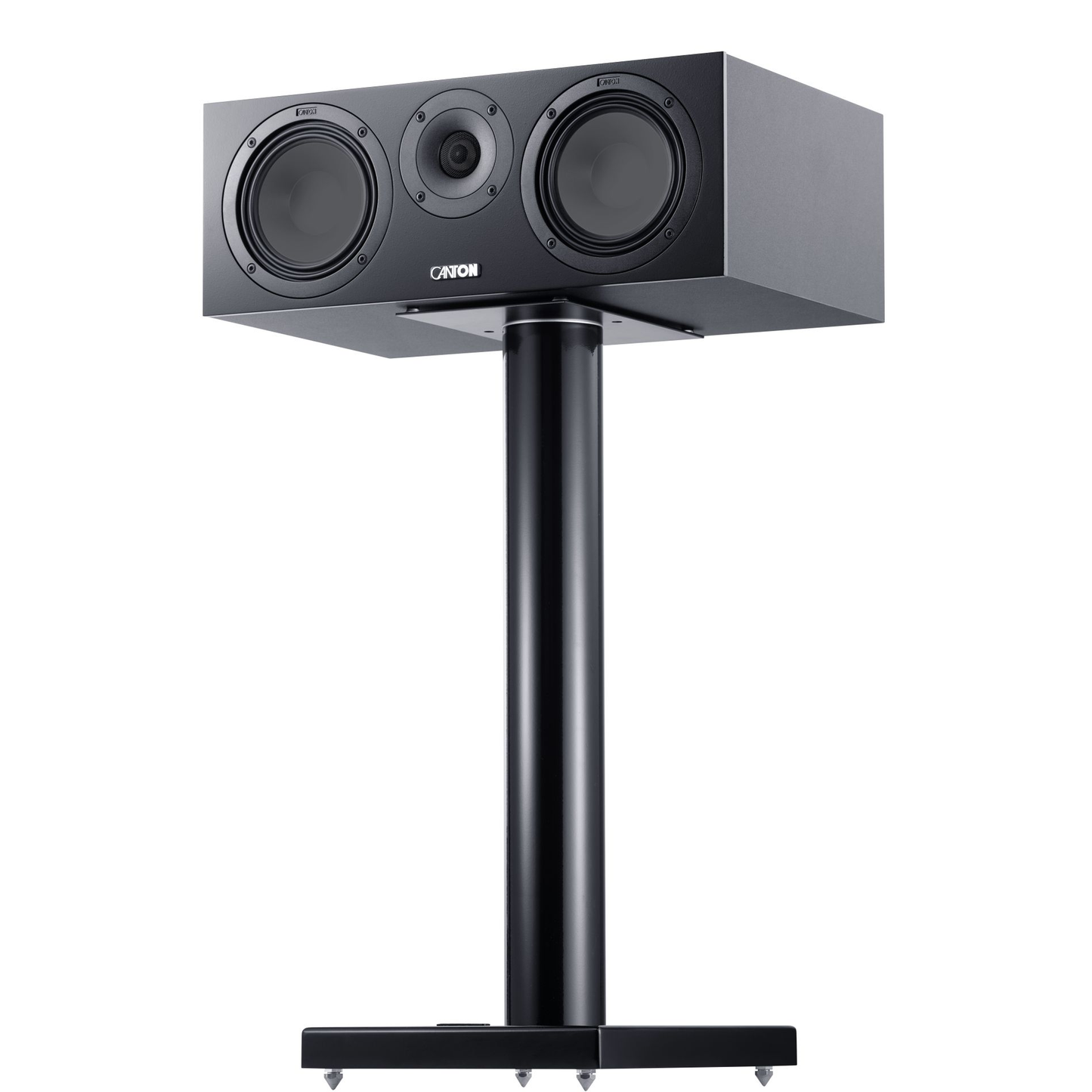 Canton GLE 50 Center S2 Center-Lautsprecher Schwarz Setansicht auf Standfuss als Zubehör, ohne Abdeckung