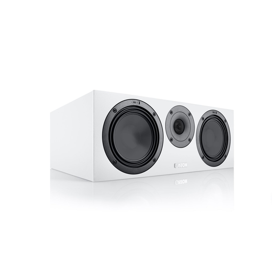 Canton GLE 50 Center S2 Center-Lautsprecher Weiss Schrägansicht ohne Abdeckung mit zwei Tieftönern und Hochtöner