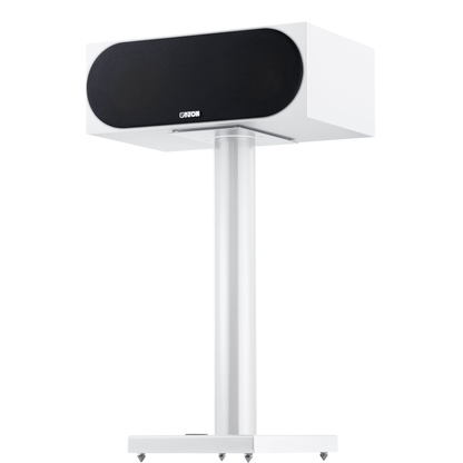 Canton GLE 50 Center S2 Center-Lautsprecher Weiss Setansicht auf Standfuss als Zubehör, mit Frontabdeckung