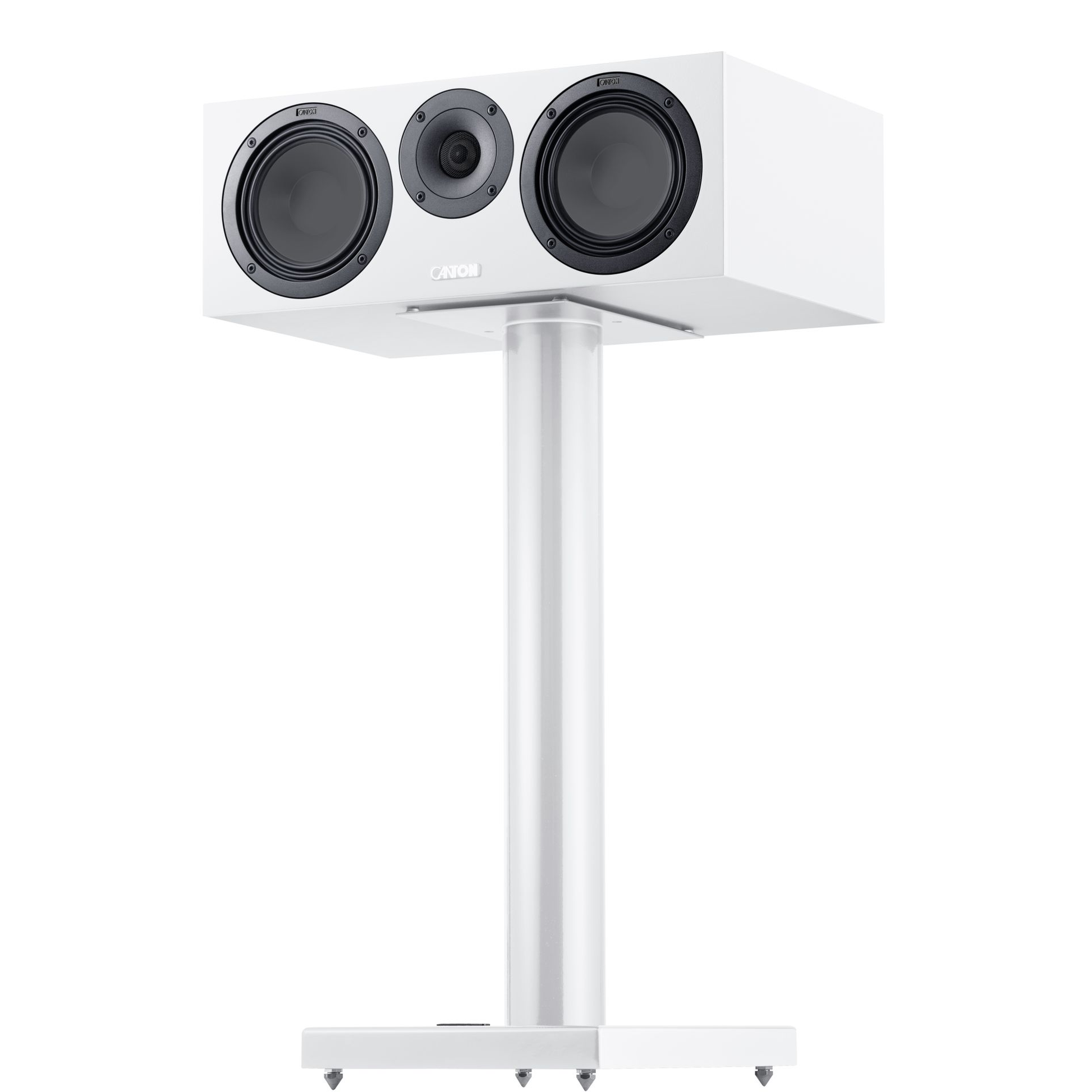 Canton GLE 50 Center S2 Center-Lautsprecher Weiss Setansicht auf Standfuss als Zubehör, ohne Abdeckung