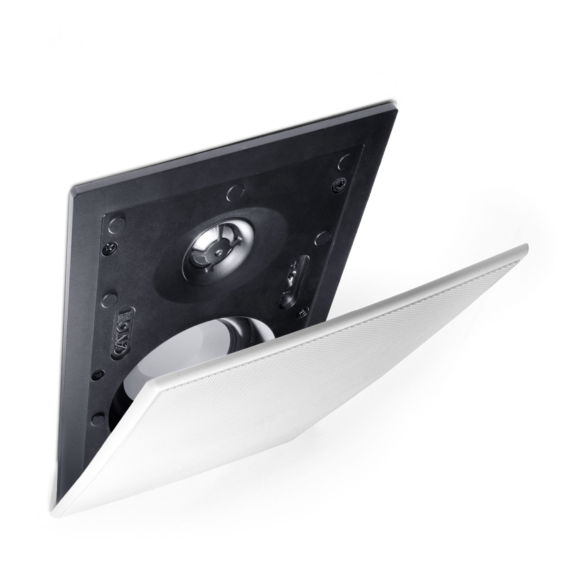 Canton InWall 845 Einbaulautsprecher weiss Schrägansicht mit magnetisch gehaltener Frontabdeckung