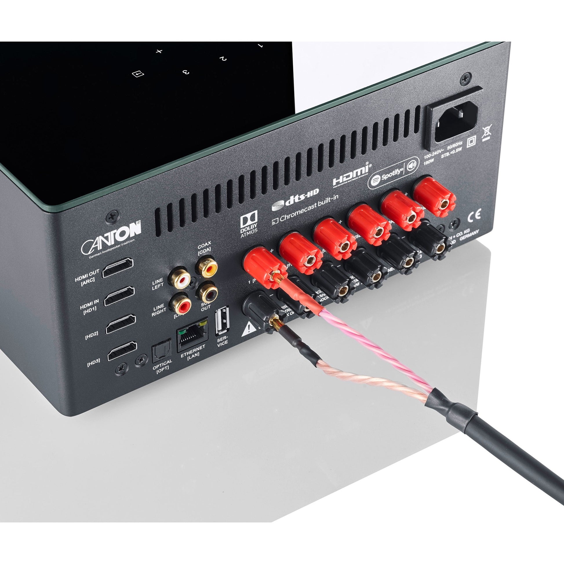 Canton Smart AMP 5.1 S2 Streaming-Verstärker Anschlussfeld mit Lautsprecherkabel an den roten Polklemmen