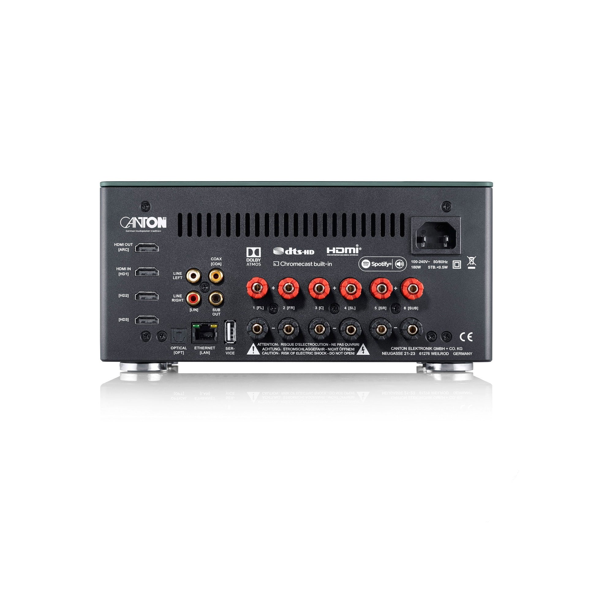 Canton Smart AMP 5.1 S2 Streaming-Verstärker Rückansicht mit HDMI, Lautsprecherklemmen und Netzanschluss