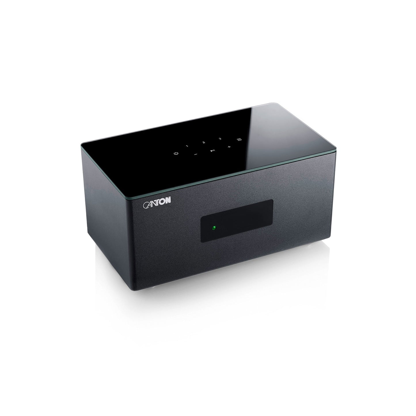Canton Smart AMP 5.1 S2 Streaming-Verstärker Schrägansicht mit Glasoberfläche und Sensortasten auf der Deckplatte