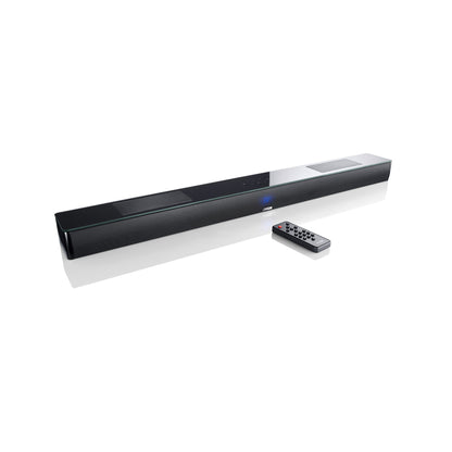 Canton Smart Libero Cinema Set Heimkino-Set Schwarz Schrägansicht der Soundbar 10 von oben mit Fernbedienung