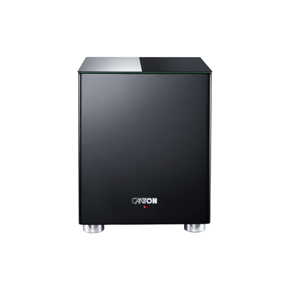 Canton Smart Libero Cinema Set + Smart Sub 8 Heimkino-Set Schwarz Frontansicht des Subwoofers mit Glasplatte