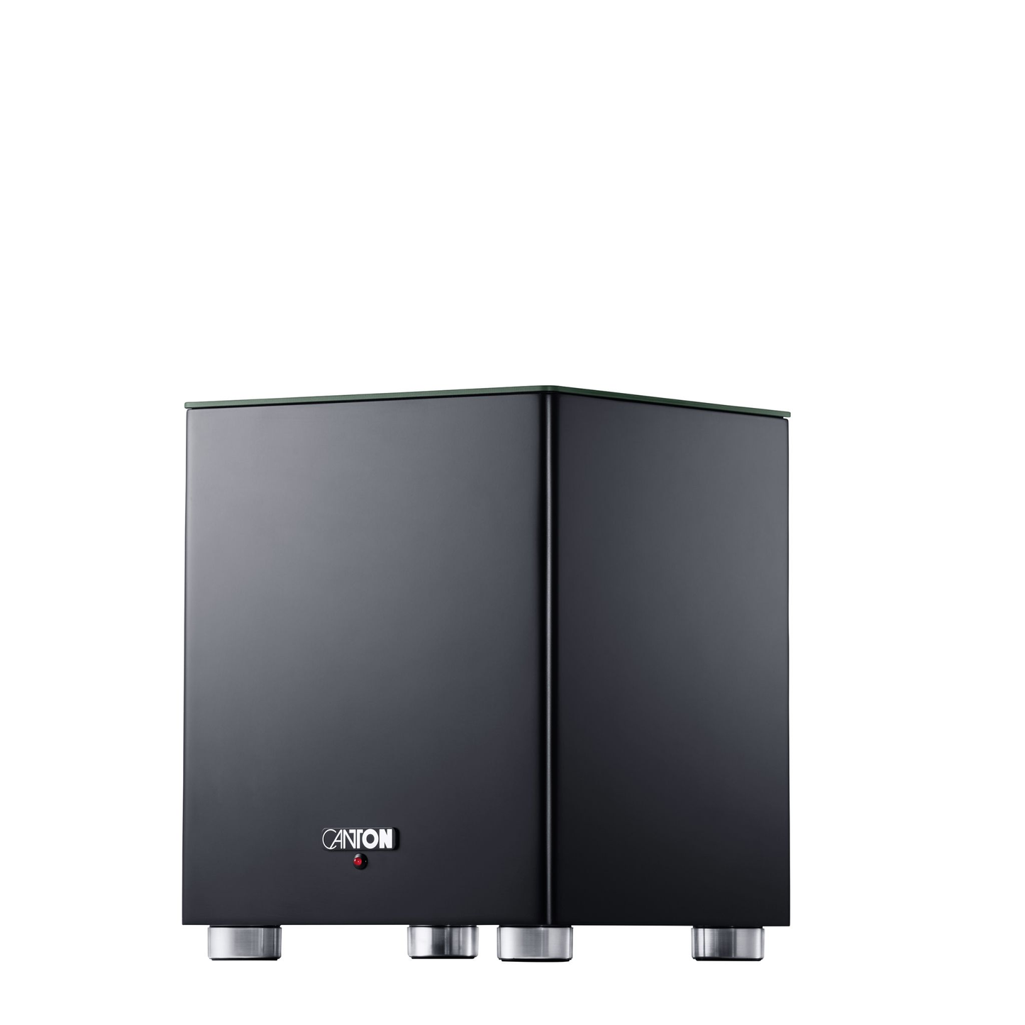 Canton Smart Libero Cinema Set + Smart Sub 8 Heimkino-Set Schwarz Schrägansicht des Subwoofers auf Aluminiumfüssen