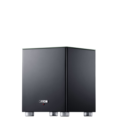 Canton Smart Libero Cinema Set + Smart Sub 8 Heimkino-Set Schwarz Schrägansicht des Subwoofers auf Aluminiumfüssen