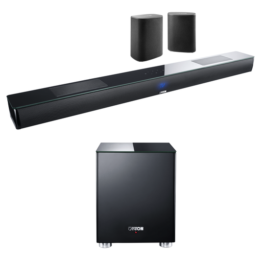 Canton Smart Libero Cinema Set + Smart Sub 8 Heimkino-Set Schwarz Setansicht mit Soundbar 10 und Subwoofer