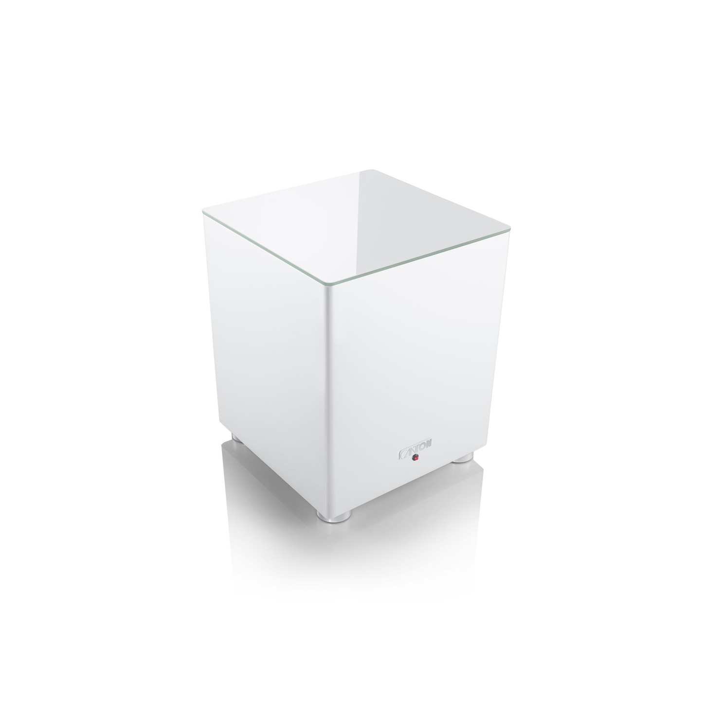 Canton Smart Libero Cinema Set + Smart Sub 8 Heimkino-Set Weiss Draufsicht auf das würfelförmige Subwoofer-Gehäuse