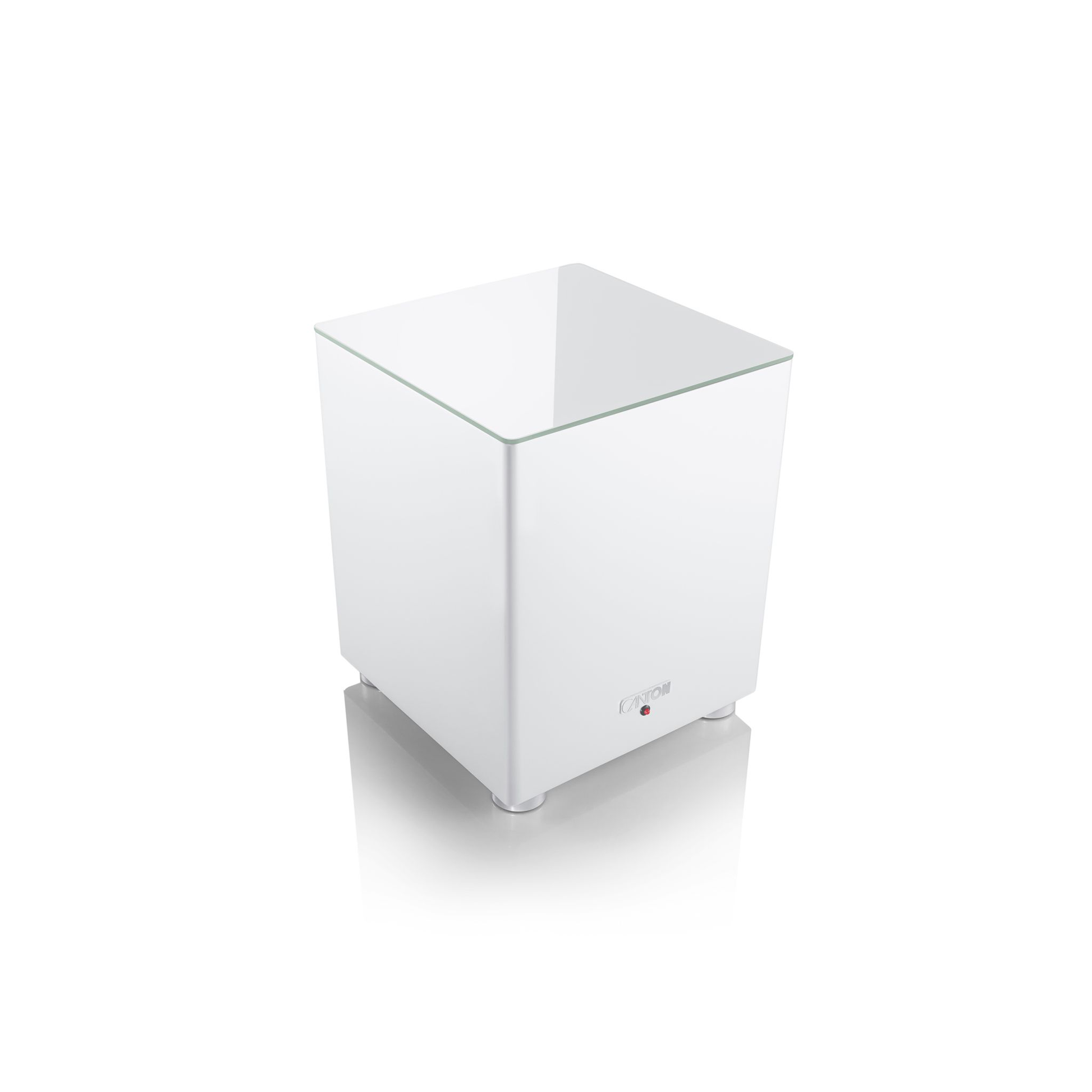 Canton Smart Libero Cinema Set + Smart Sub 8 Heimkino-Set Weiss Draufsicht auf das würfelförmige Subwoofer-Gehäuse