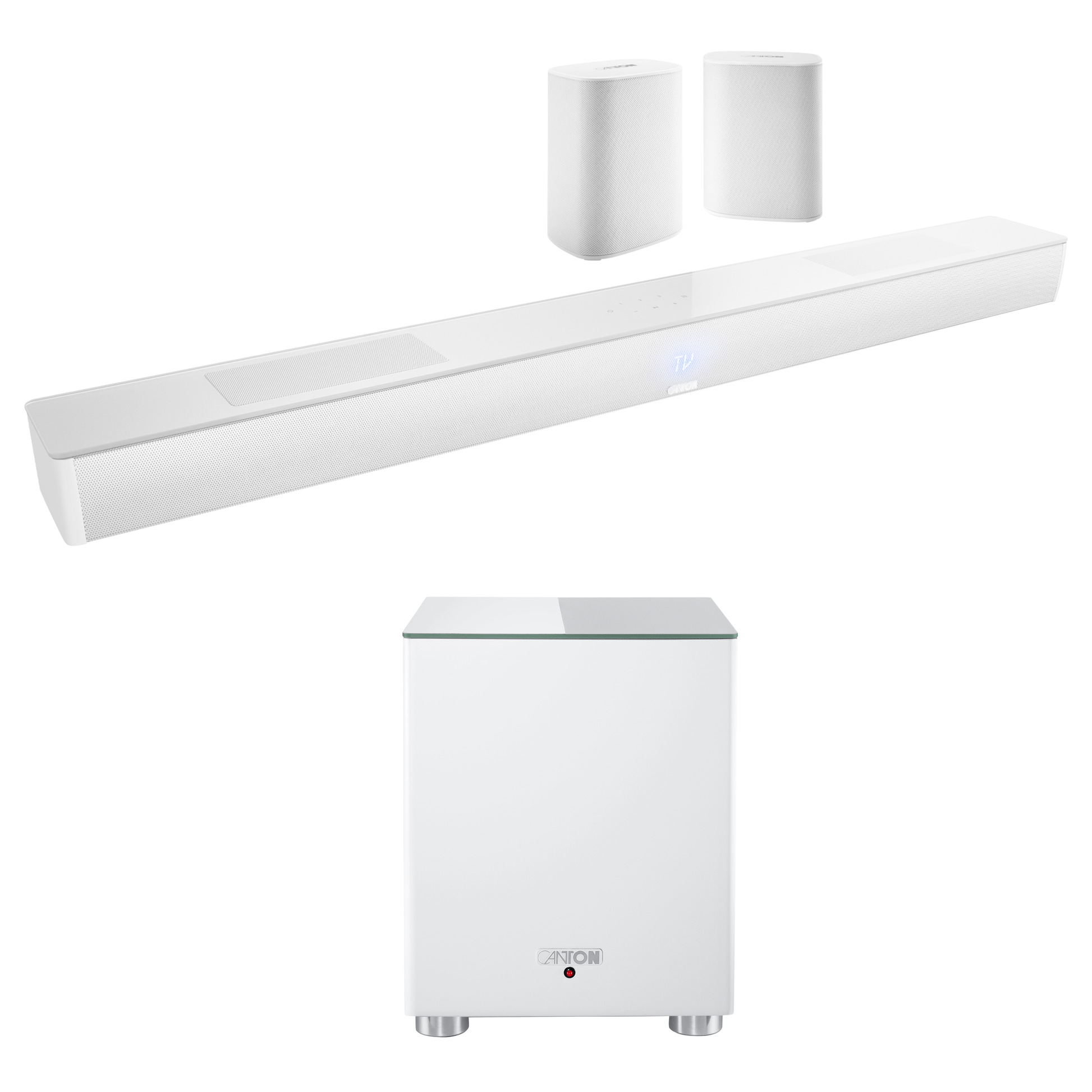 Canton Smart Libero Cinema Set + Smart Sub 8 Heimkino-Set Weiss Setansicht mit Soundbar, zwei Satelliten und Subwoofer