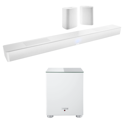 Canton Smart Libero Cinema Set + Smart Sub 8 Heimkino-Set Weiss Setansicht mit Soundbar, zwei Satelliten und Subwoofer