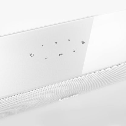 Canton Smart Libero Cinema Set + Smart Sub 8 Heimkino-Set Weiss Detailansicht des Touch-Bedienfelds der Soundbar 10