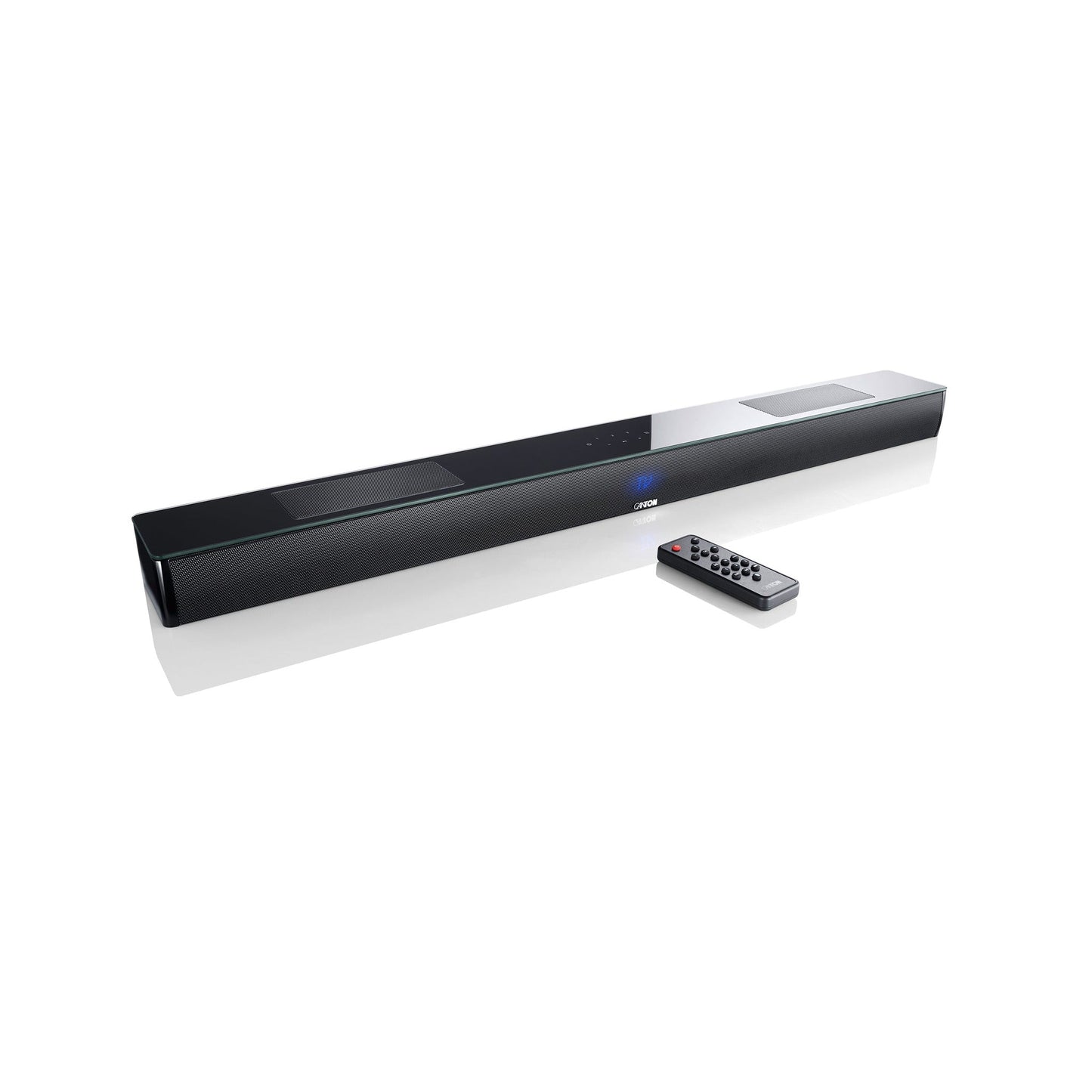Canton Smart Libero Cinema Set Soundbar 10 Heimkino-Set Schwarz Schrägansicht der Soundbar 10 von oben mit Fernbedienung