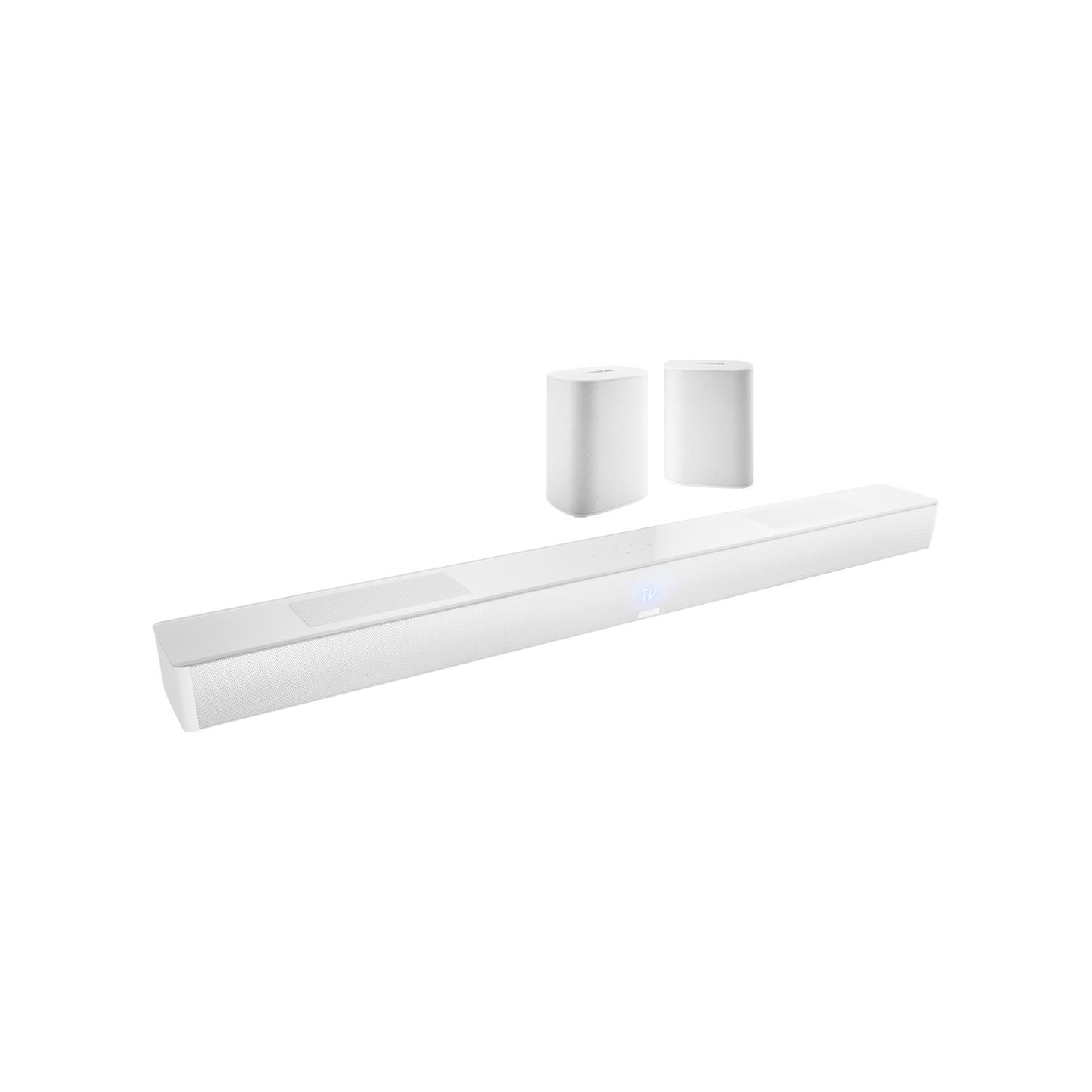 Canton Smart Libero Cinema Set Soundbar 10 Heimkino-Set Weiss Setansicht mit Soundbar und zwei Lautsprechern