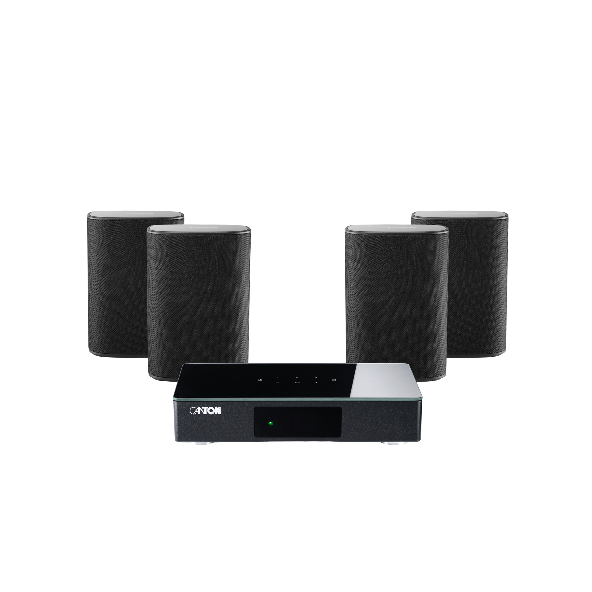 Canton Smart Libero Set 4 Surround-Set Schwarz Setansicht mit vier Aktivlautsprechern und Smart Connect