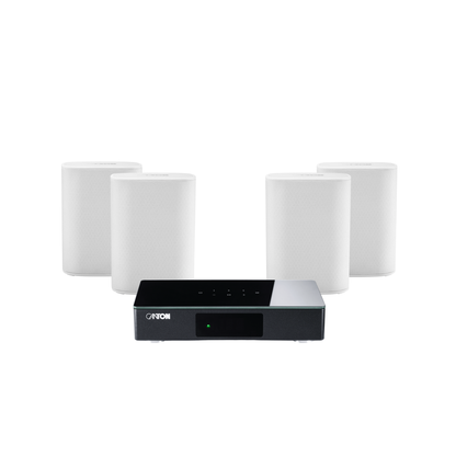 Canton Smart Libero Set 4 Surround-Set Weiss Setansicht mit vier weissen Lautsprechern und Smart Connect