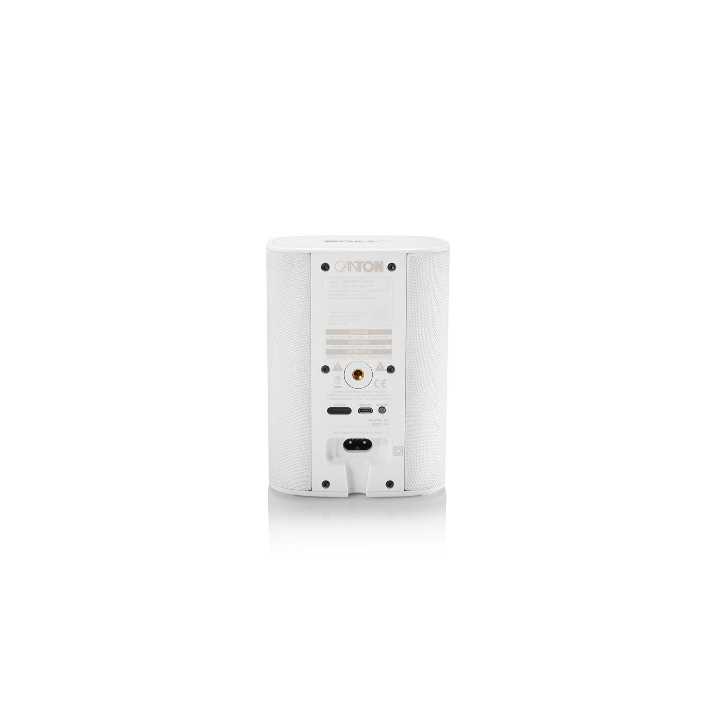 Canton Smart Libero Surround-Lautsprecher Rückansicht in Weiss mit Stromanschluss, Service-Port und LED
