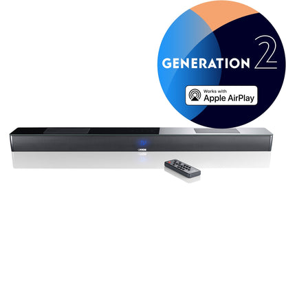 Canton Smart Soundbar 10 S2 Soundbar Schwarz Frontansicht mit Fernbedienung und blauem Statusdisplay