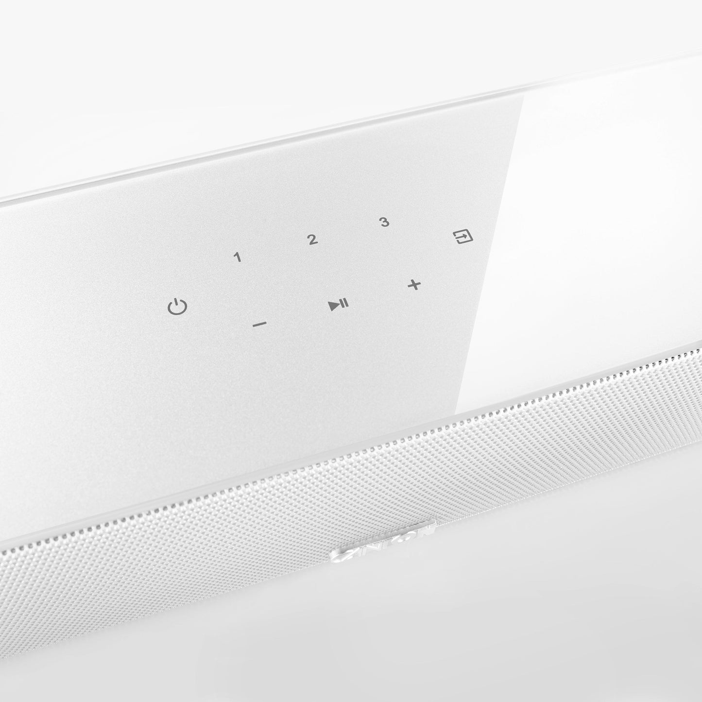 Canton Smart Soundbar 10 S2 Soundbar Weiss Detailansicht des Touch-Bedienfelds mit Quellenwahl