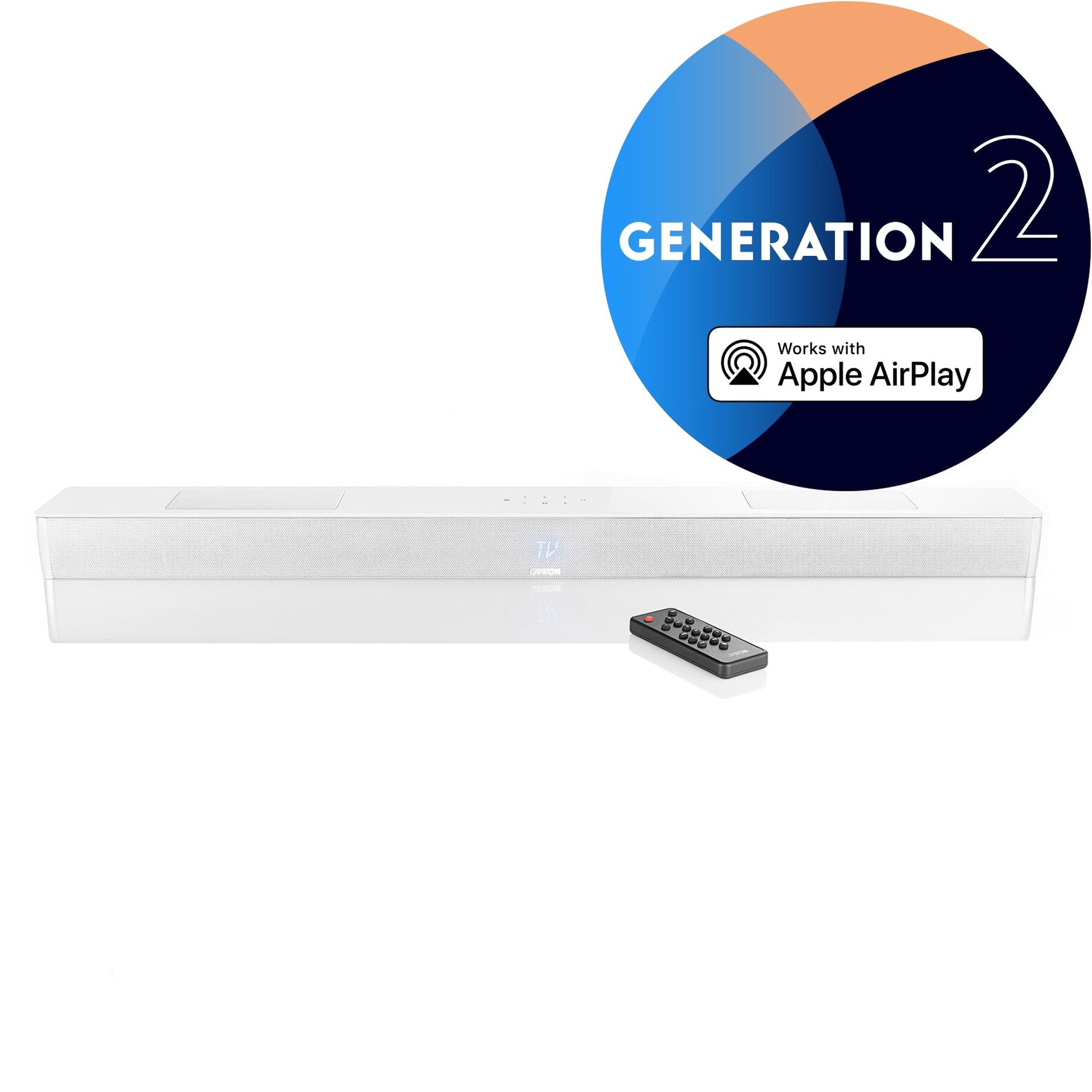 Canton Smart Soundbar 10 S2 Soundbar Weiss Frontansicht mit Fernbedienung und blauem Statusdisplay