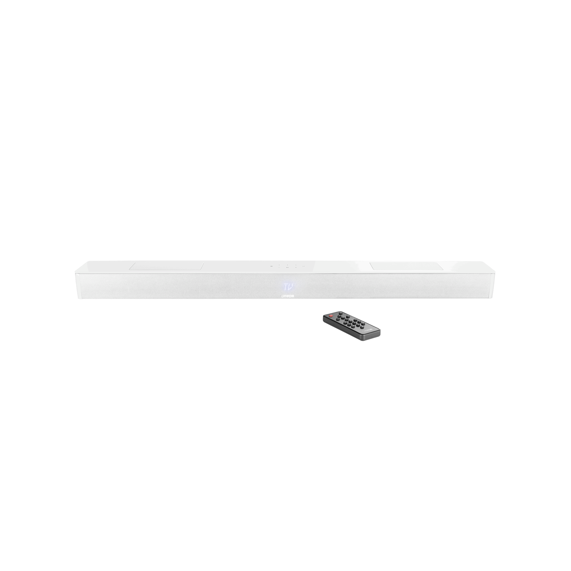 Canton Smart Soundbar 10 S2 Soundbar Weiss Frontansicht, davor die mitgelieferte Fernbedienung