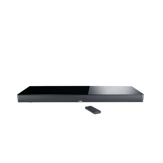 Canton Smart Sounddeck 100 S2 Sounddeck Schwarz Frontansicht mit Fernbedienung und Glasoberfläche