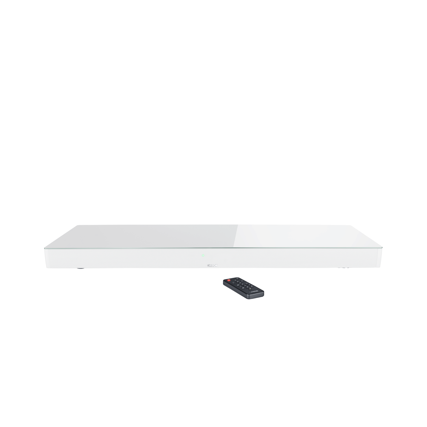Canton Smart Sounddeck 100 S2 Sounddeck Weiss Frontansicht mit Fernbedienung und Glasoberfläche