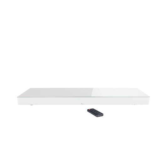 Canton Smart Sounddeck 100 S2 Sounddeck Weiss Frontansicht mit Fernbedienung und Glasoberfläche