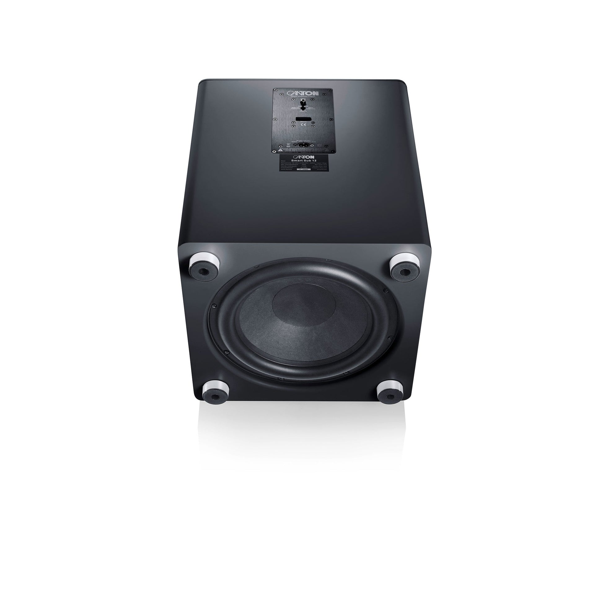 Canton Smart Sub 12 Wireless-Subwoofer in Schwarz Detailansicht des Downfire-Chassis an der Unterseite