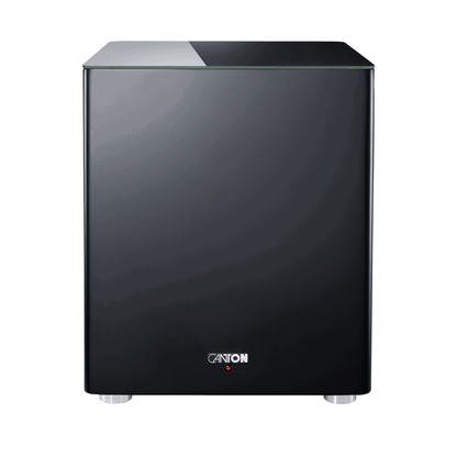 Canton Smart Sub 12 Wireless-Subwoofer in Schwarz Frontansicht mit Canton-Logo und Status-LED