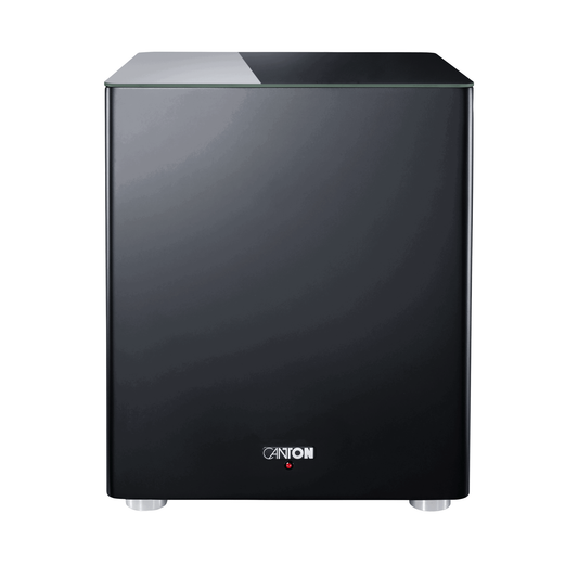 Canton Smart Sub 12 Wireless-Subwoofer in Schwarz Frontansicht mit Canton-Logo und Status-LED