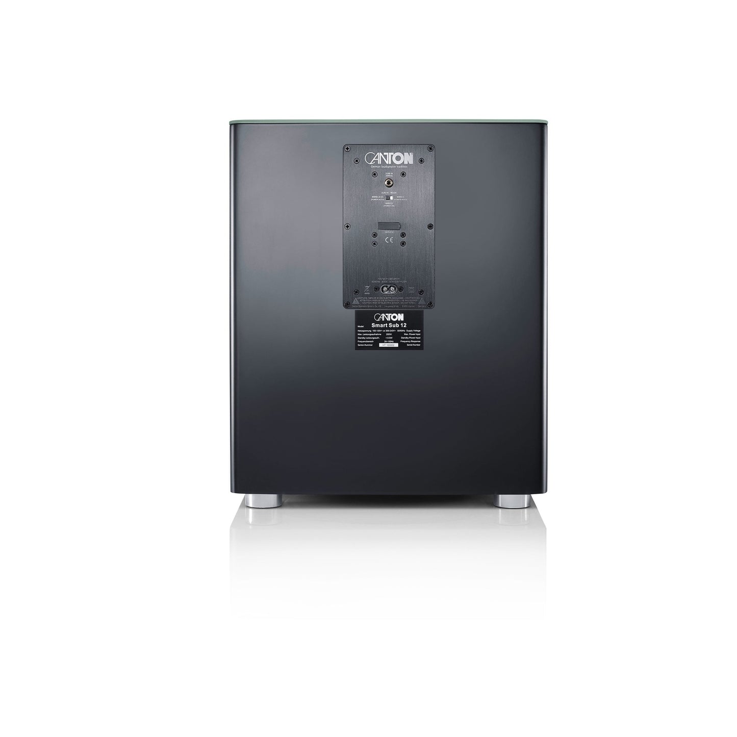 Canton Smart Sub 12 Wireless-Subwoofer in Schwarz Rückansicht mit Verstärkermodul und Anschlussfeld