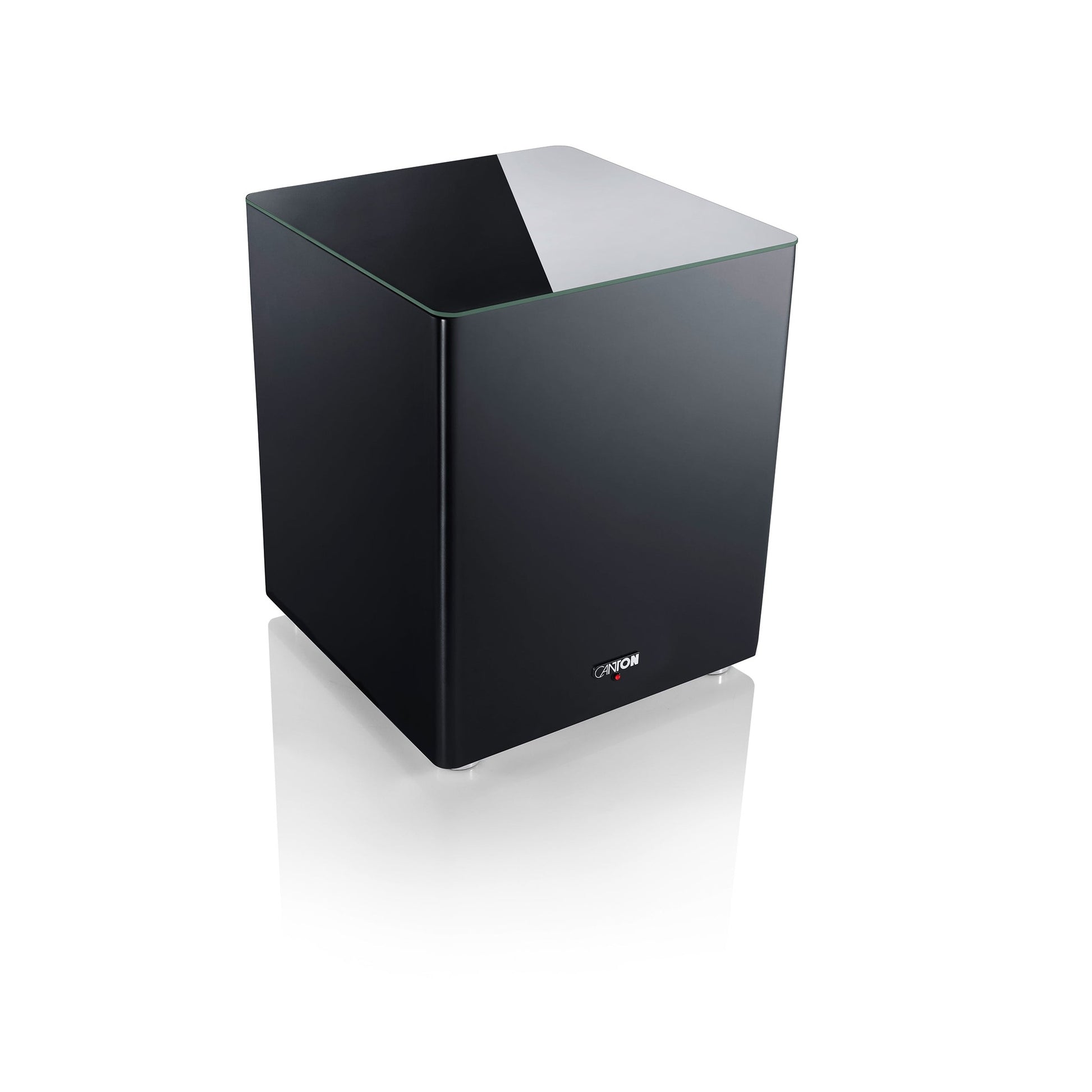 Canton Smart Sub 12 Wireless-Subwoofer in Schwarz Schrägansicht von oben mit Glasabdeckung
