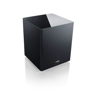 Canton Smart Sub 12 Wireless-Subwoofer in Schwarz Schrägansicht von oben mit Glasabdeckung