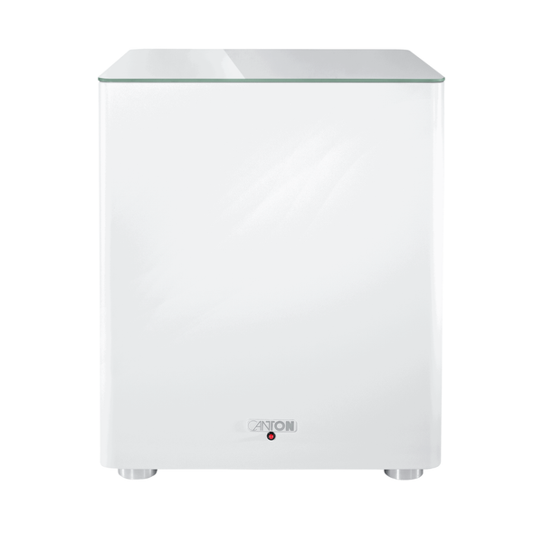 Canton Smart Sub 12 Wireless-Subwoofer in Weiss Frontansicht mit Canton-Logo und Status-LED