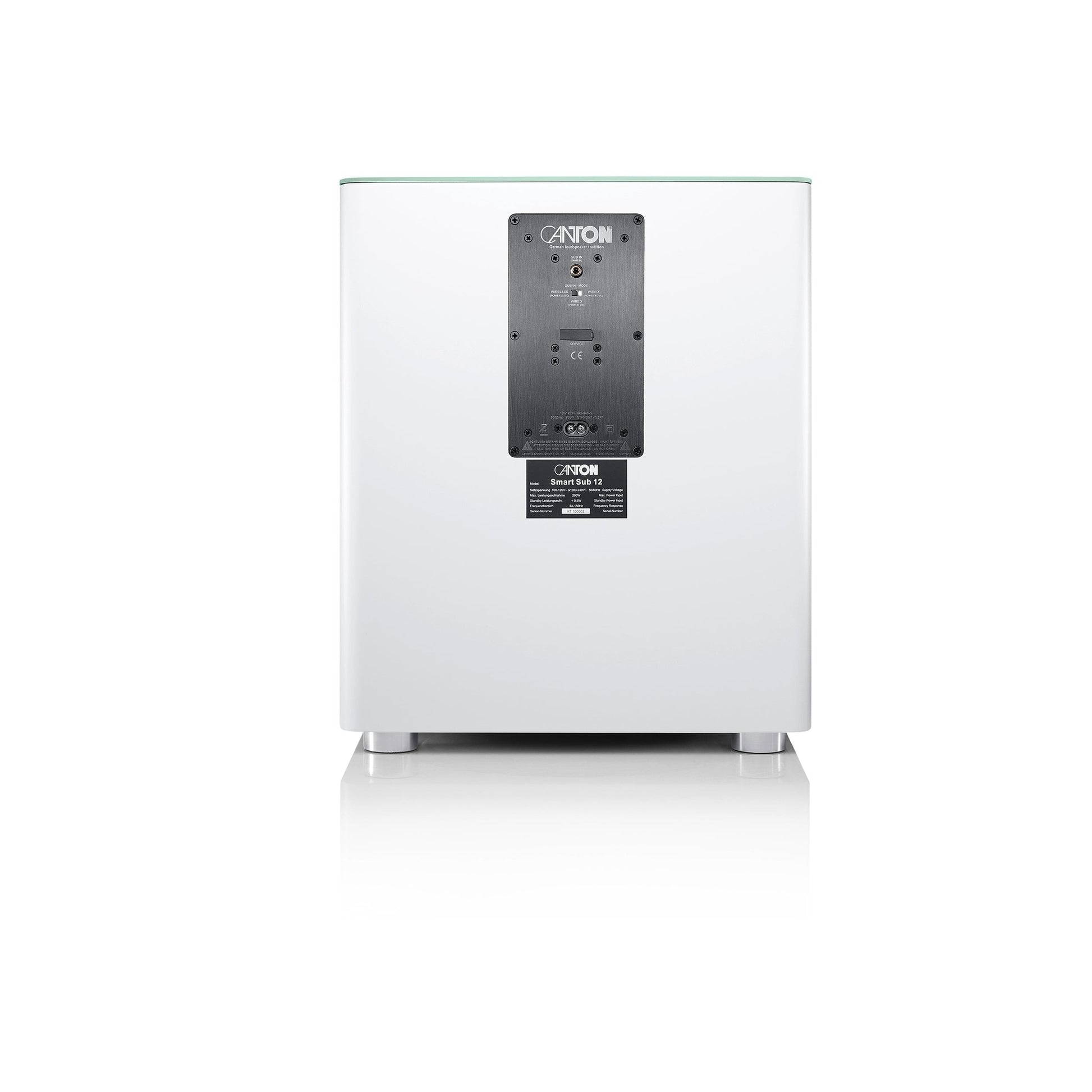 Canton Smart Sub 12 Wireless-Subwoofer in Weiss Rückansicht mit Verstärkermodul und Anschlussfeld