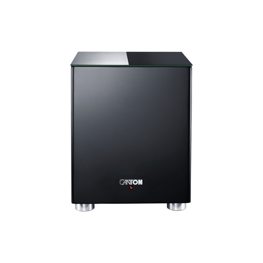 Canton Smart Sub 8 Wireless-Subwoofer Schwarz Frontansicht mit Canton-Logo, Status-LED und Glasabdeckung