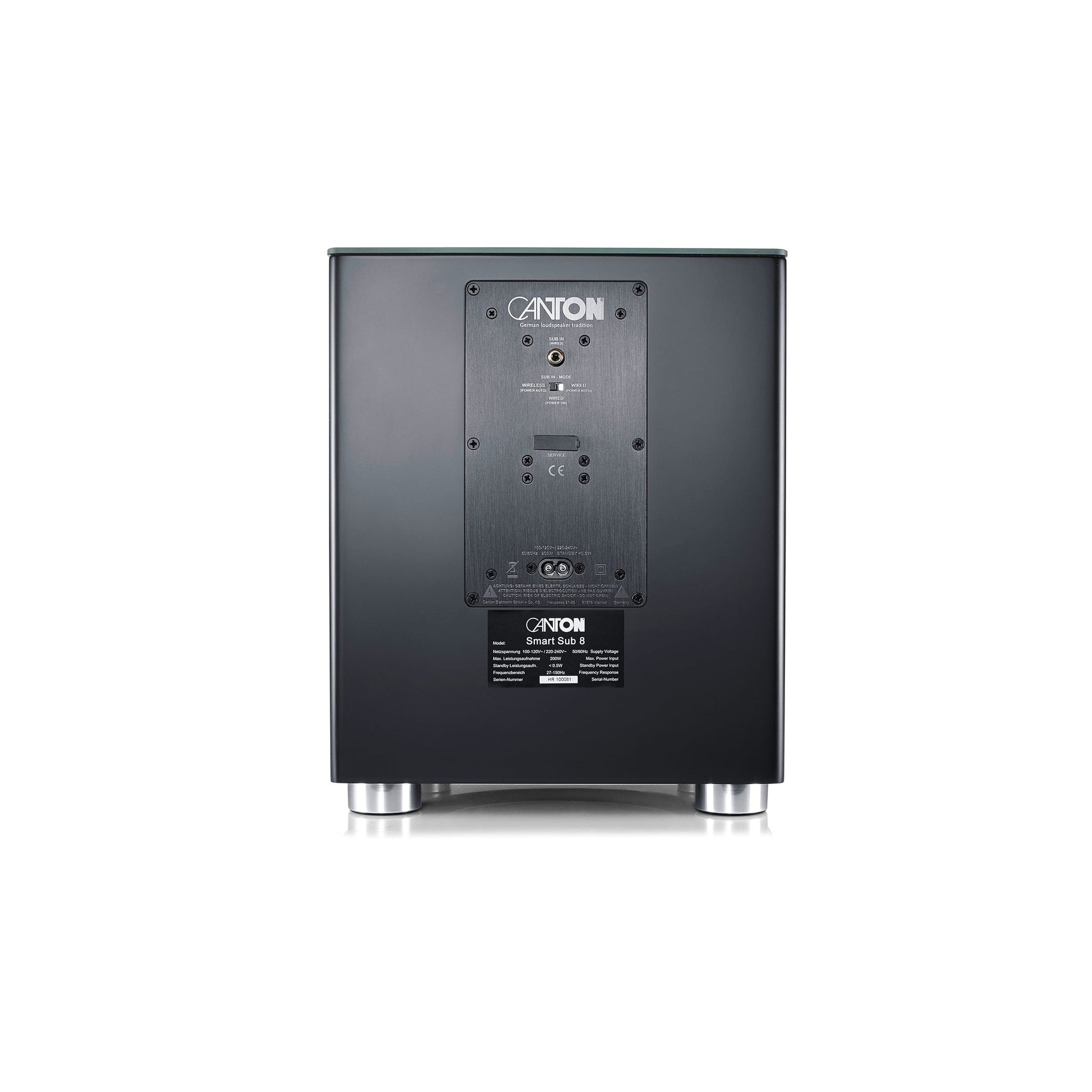 Canton Smart Sub 8 Wireless-Subwoofer Schwarz Rückansicht mit Verstärkermodul, Anschlussfeld und Typenschild