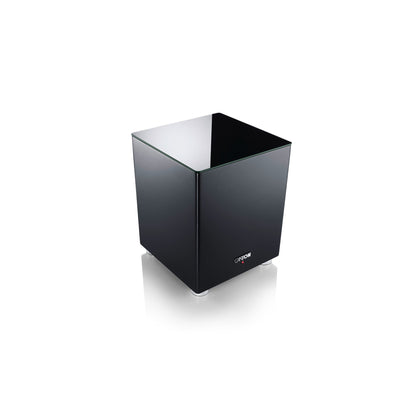 Canton Smart Sub 8 Wireless-Subwoofer Schwarz Schrägansicht von oben mit Glasplatte auf dem Gehäuse