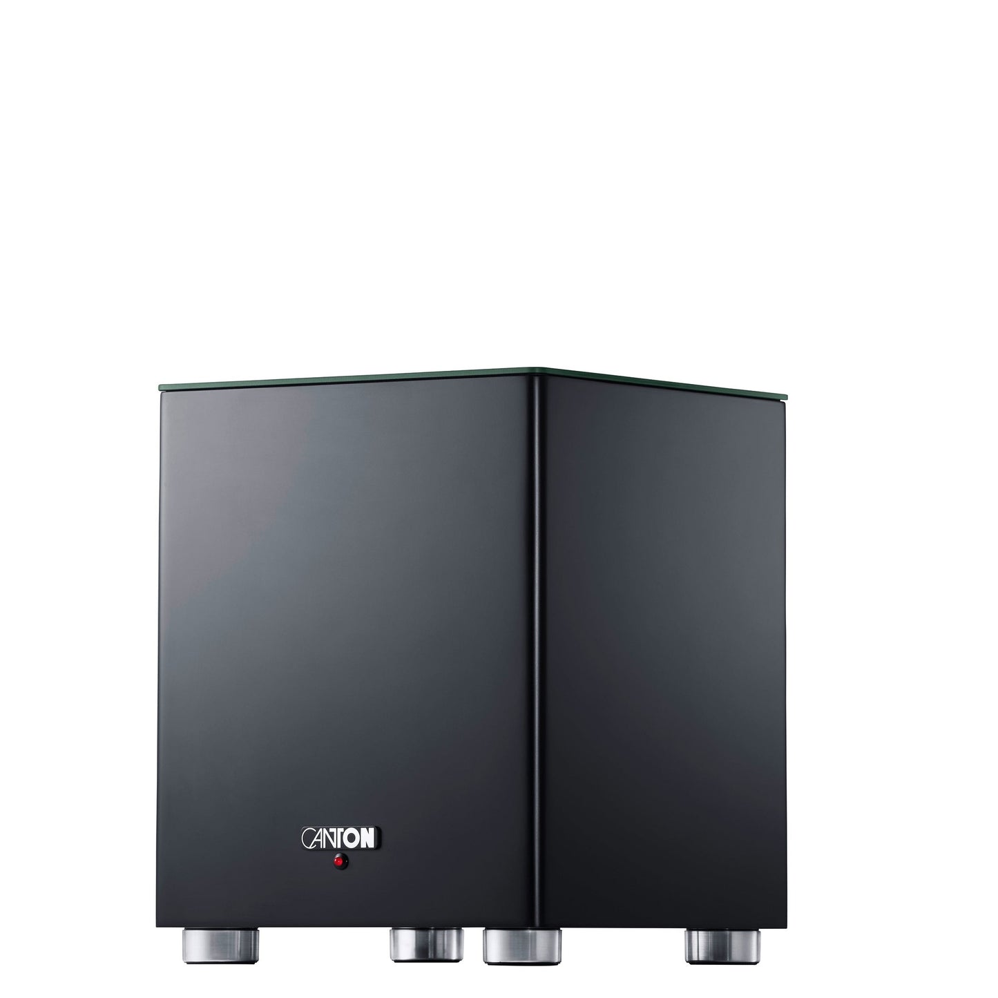 Canton Smart Sub 8 Wireless-Subwoofer Schwarz Schrägansicht mit Front und Seitenwange auf Aluminiumfüssen