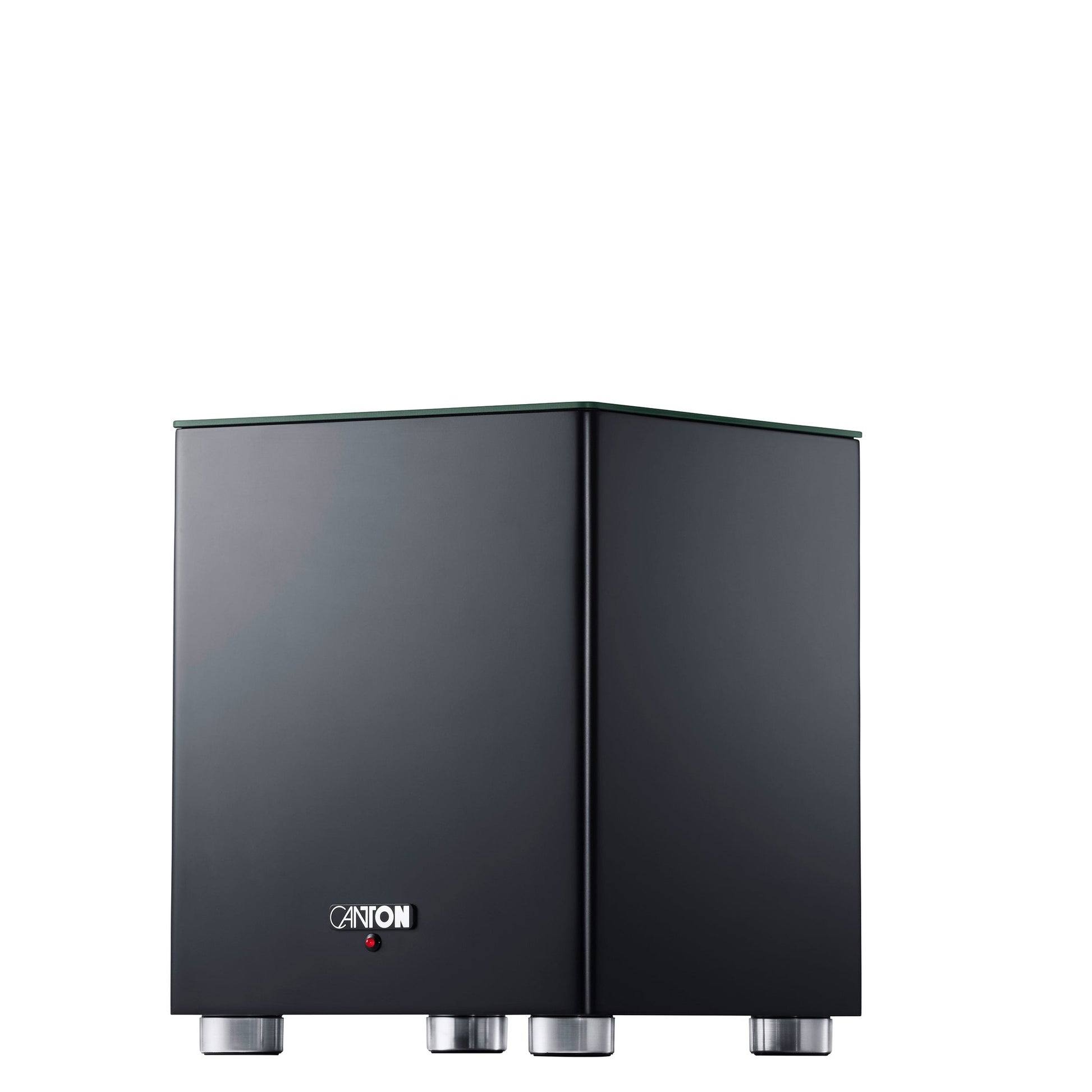 Canton Smart Sub 8 Wireless-Subwoofer Schwarz Schrägansicht mit Front und Seitenwange auf Aluminiumfüssen
