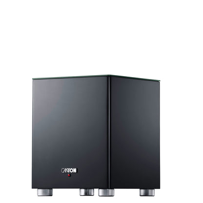 Canton Smart Sub 8 Wireless-Subwoofer Schwarz Schrägansicht mit Front und Seitenwange auf Aluminiumfüssen