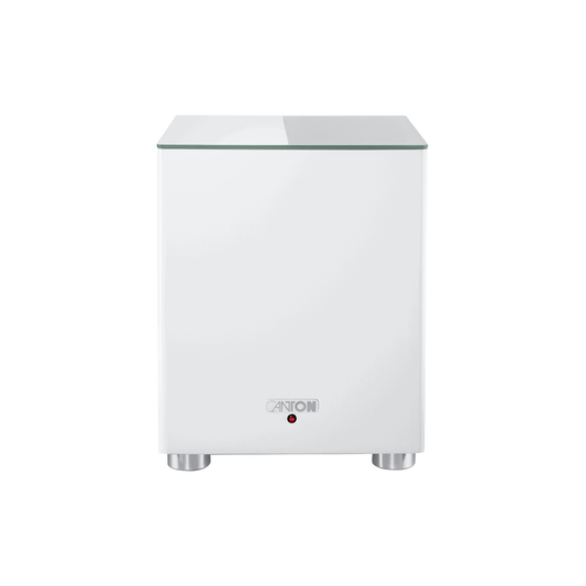 Canton Smart Sub 8 Wireless-Subwoofer Weiss Frontansicht mit Canton-Logo, Status-LED und Glasabdeckung