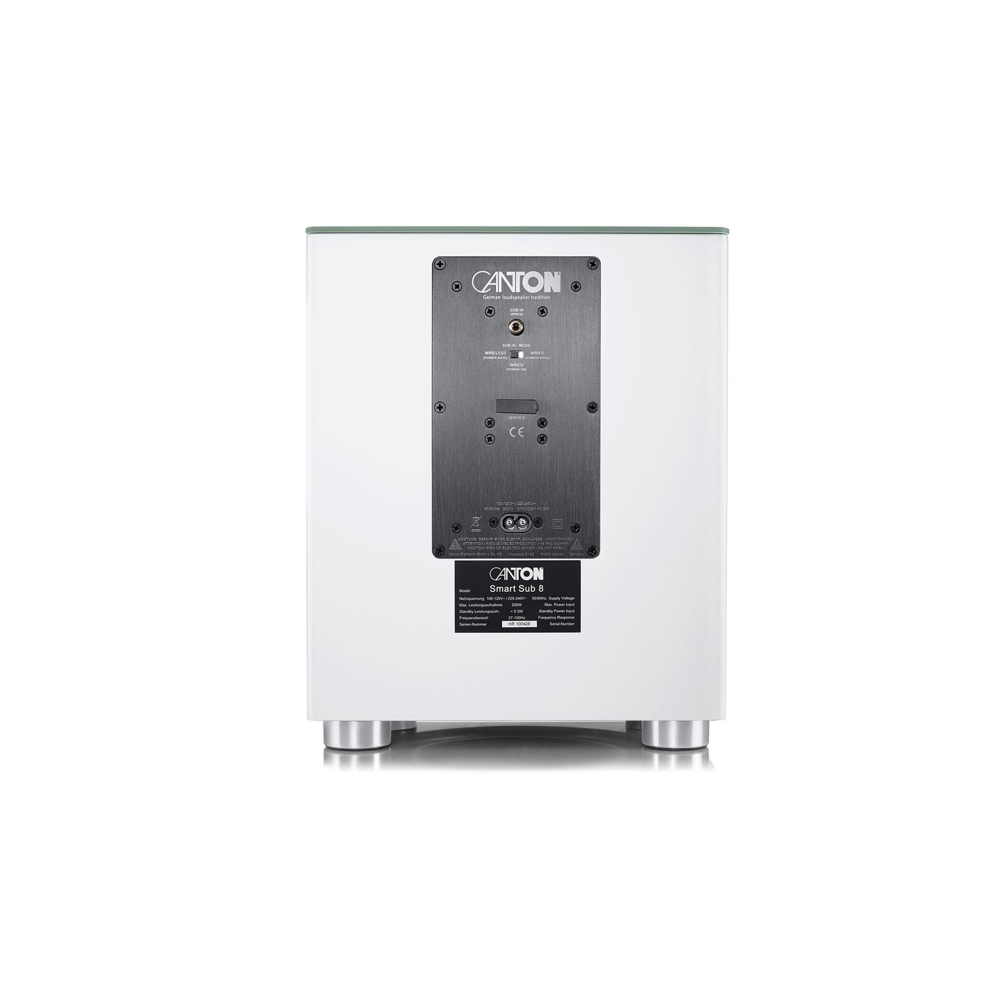 Canton Smart Sub 8 Wireless-Subwoofer Weiss Rückansicht mit Verstärkermodul, Anschlussfeld und Typenschild