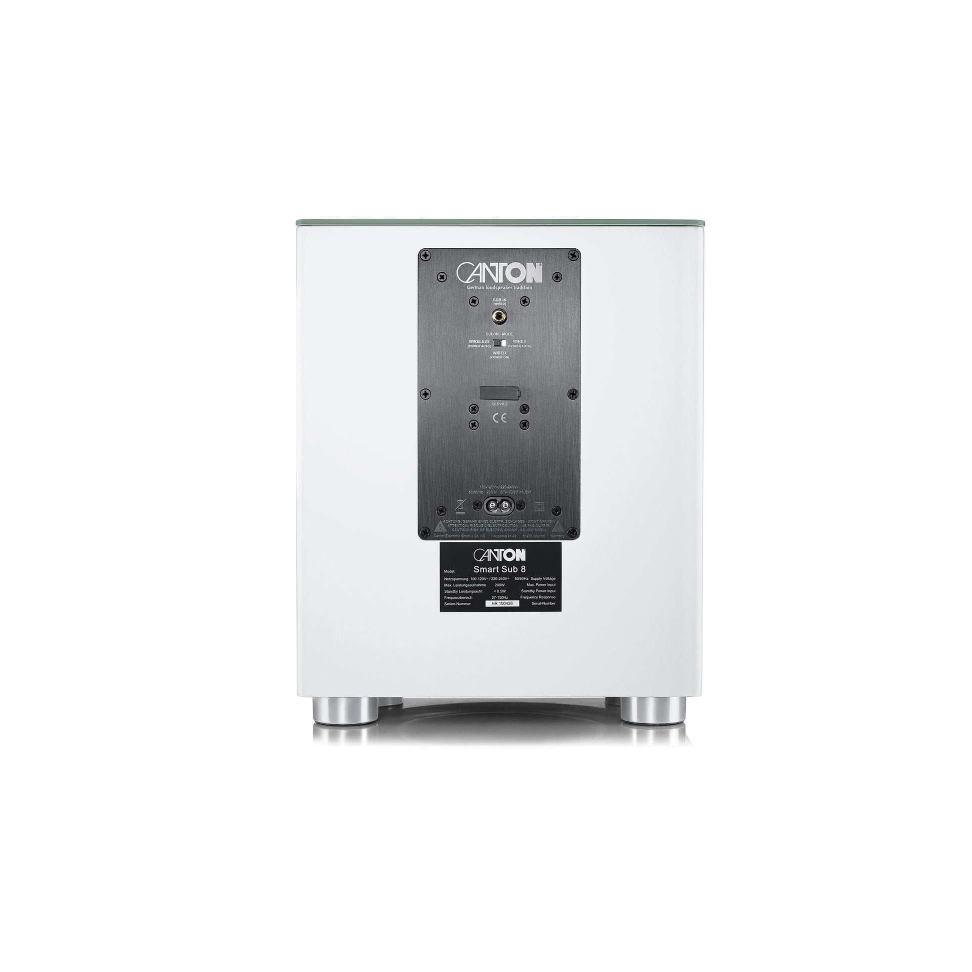 Canton Smart Sub 8 Wireless-Subwoofer Weiss Rückansicht mit Verstärkermodul, Anschlussfeld und Typenschild