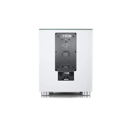 Canton Smart Sub 8 Wireless-Subwoofer Weiss Rückansicht mit Verstärkermodul, Anschlussfeld und Typenschild