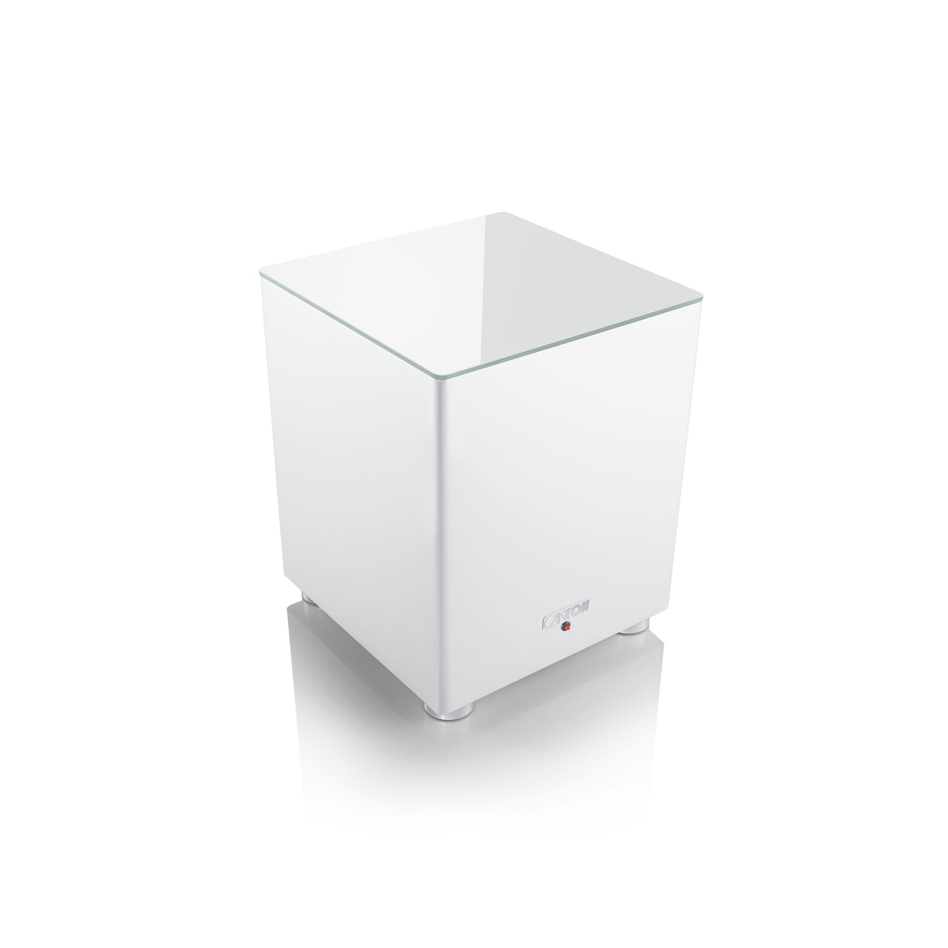 Canton Smart Sub 8 Wireless-Subwoofer Weiss Schrägansicht von oben mit Glasplatte auf dem Gehäuse